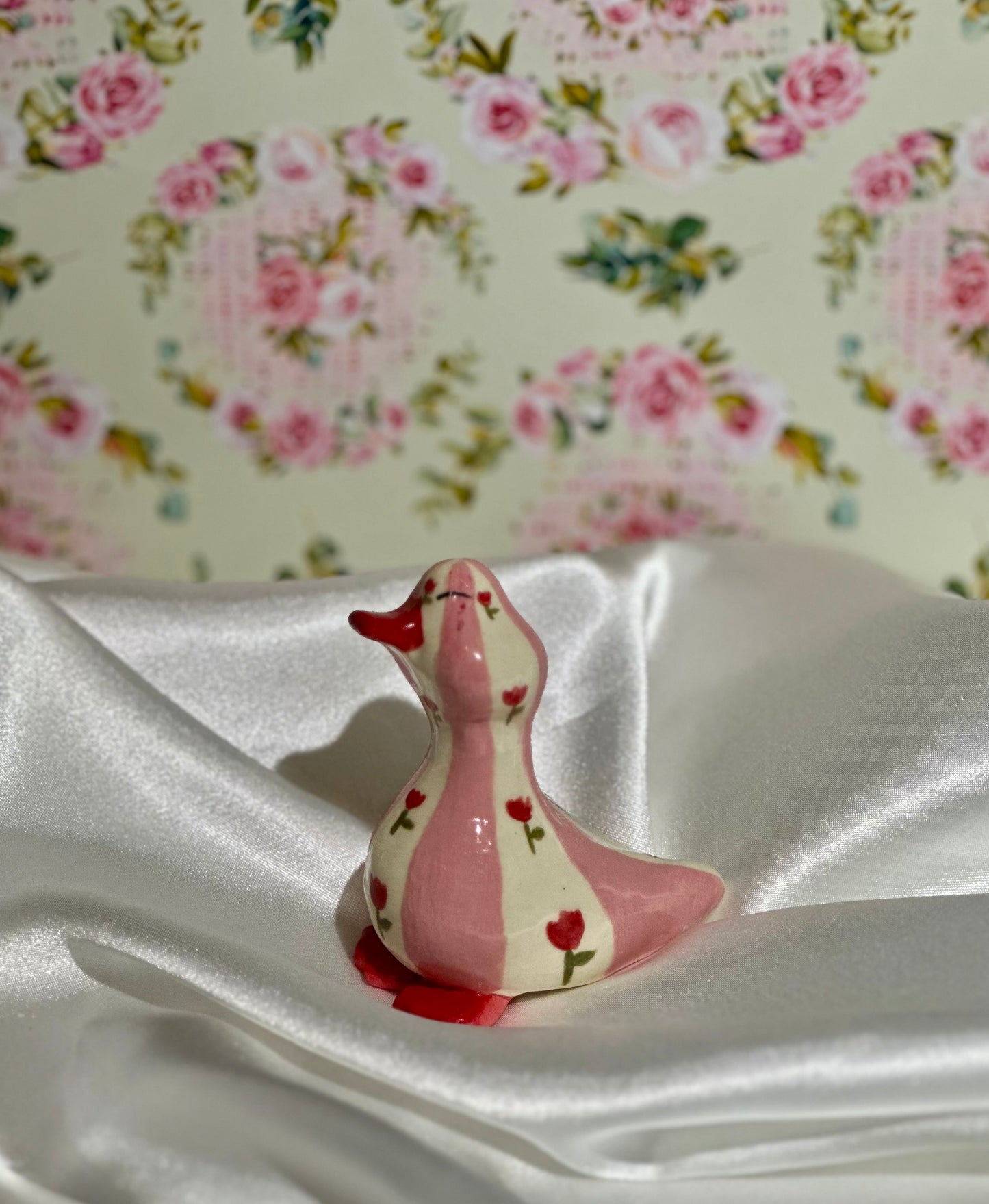 vintage wallpaper duck sculpture (pink stripes)