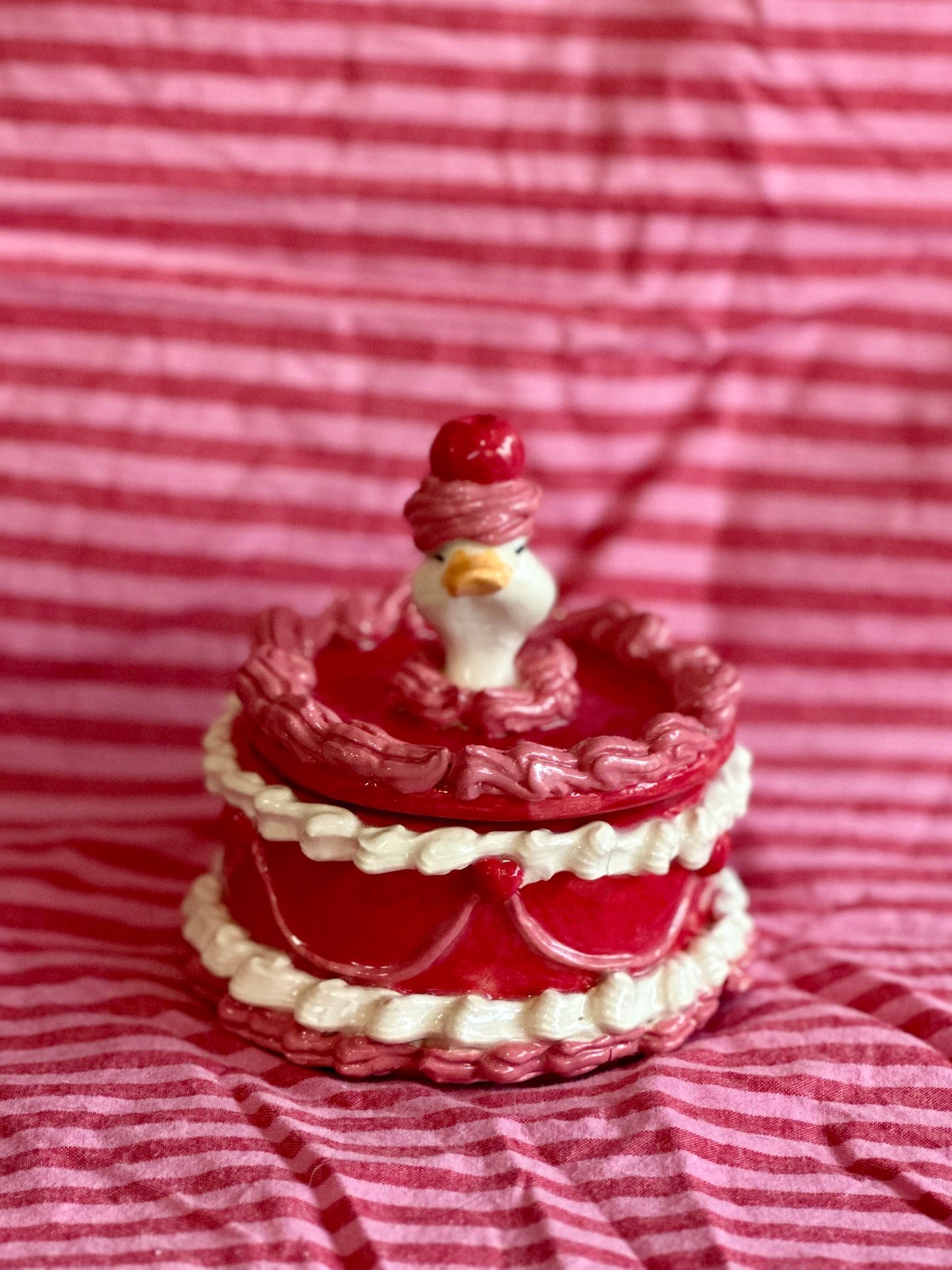 cherry duck vintage cake ceramic trinket box (pink/red)