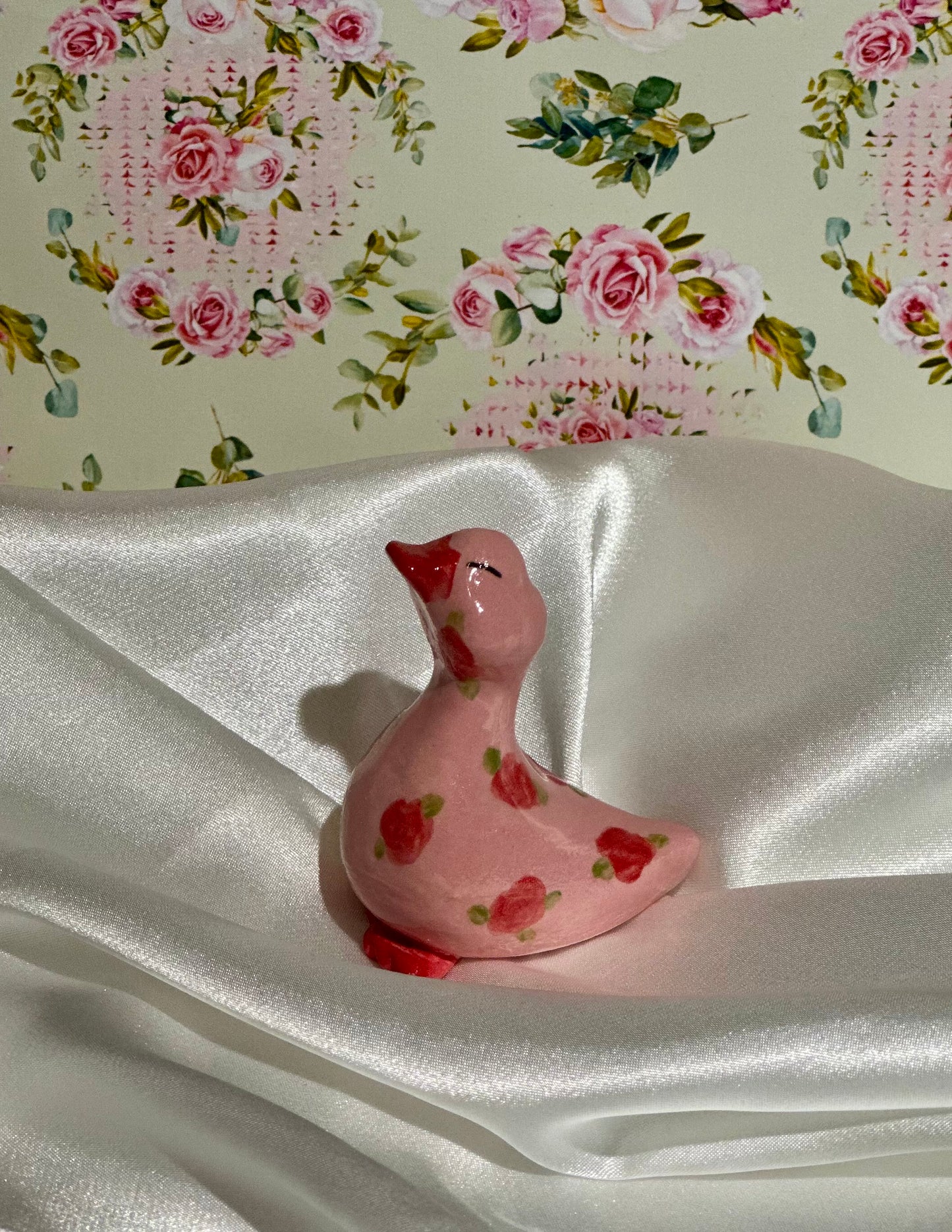 vintage wallpaper duck sculpture (pink roses)