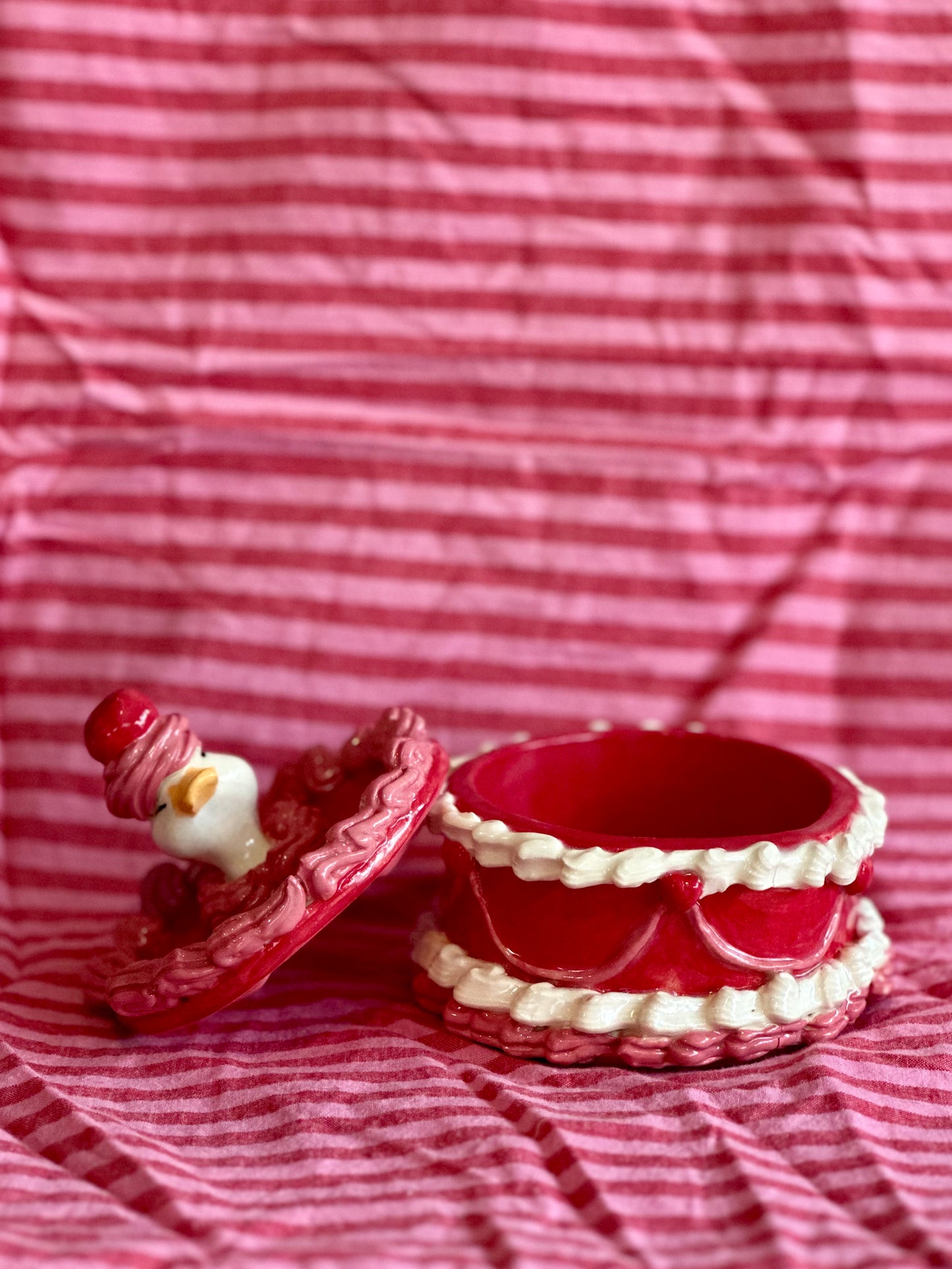 cherry duck vintage cake ceramic trinket box (pink/red)